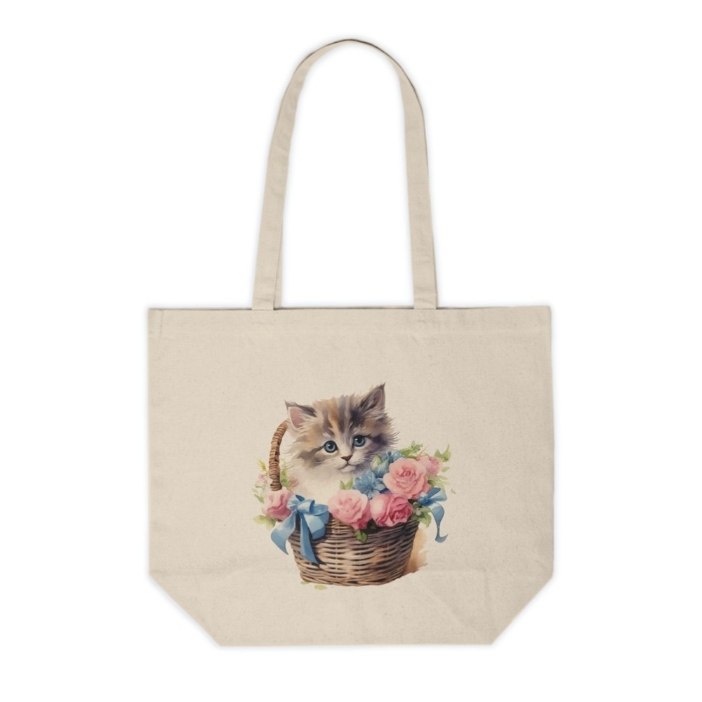 Floral Cat In A Basket Custom Canvas Tote Bag